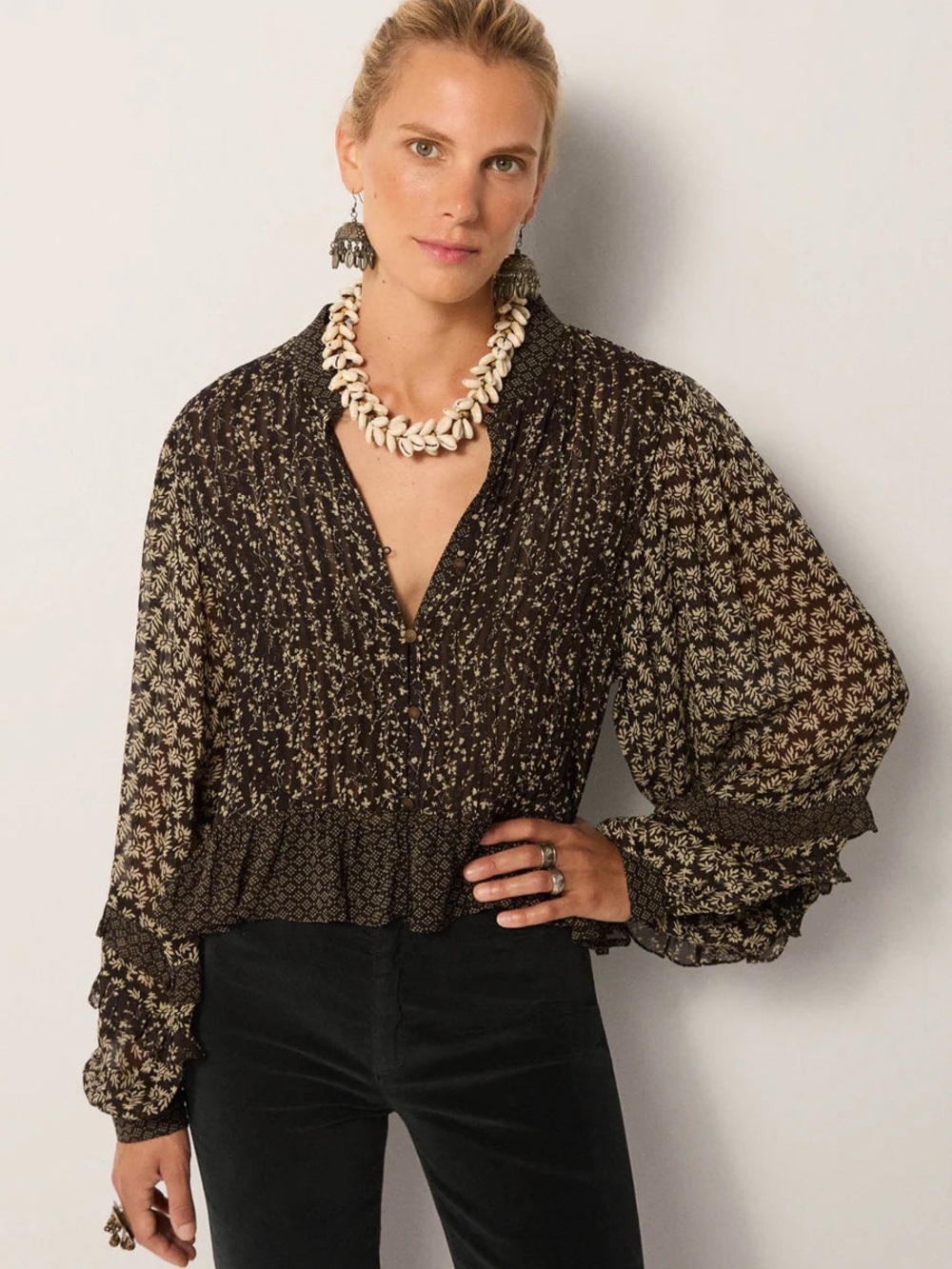 Maison Hotel Catalina Black Sheep Patchwork Ruffle Blouse M
